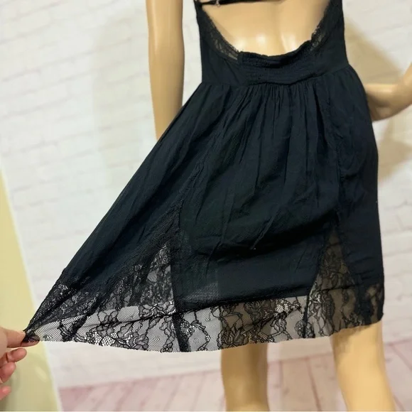 FREE PEOPLE INTIMATELY lace trimmed semi sheer mini slip dress black Medium GUC - Picture 7 of 16